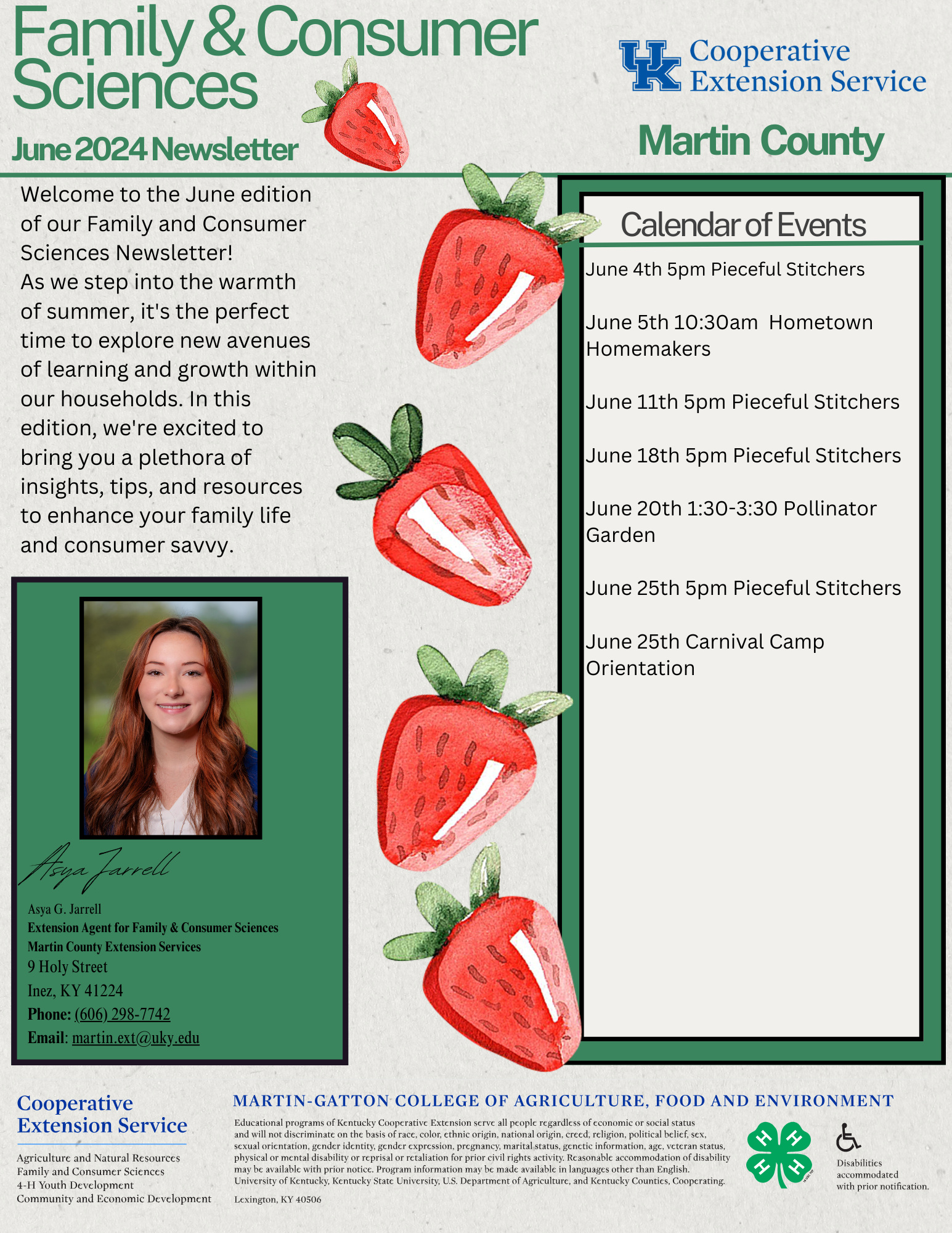 newsletter in red and green with strawberries for month of June 